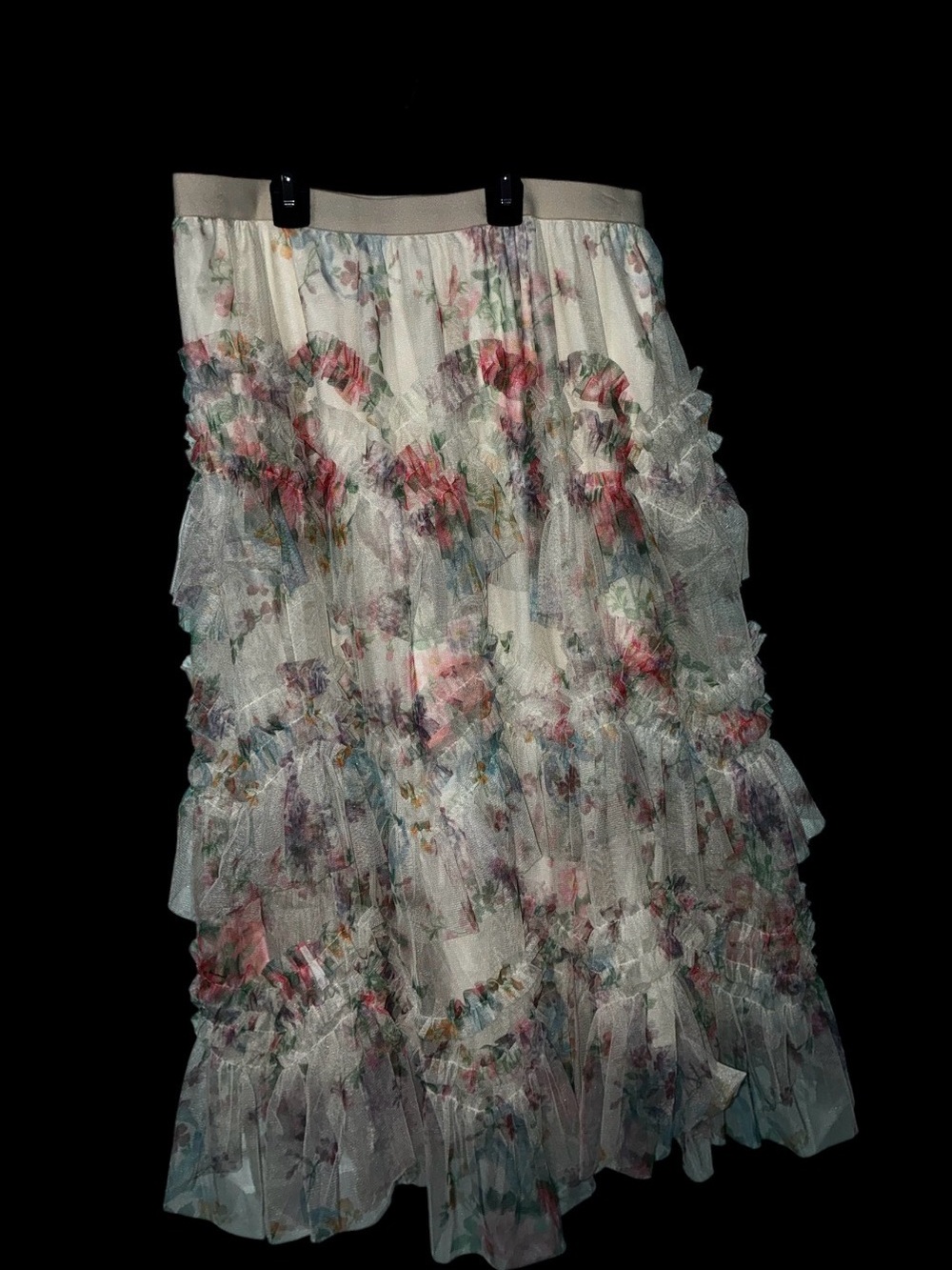 Floral Ruffle Tiered Midi Skirt - Cream with Pink and Green Floral XL
